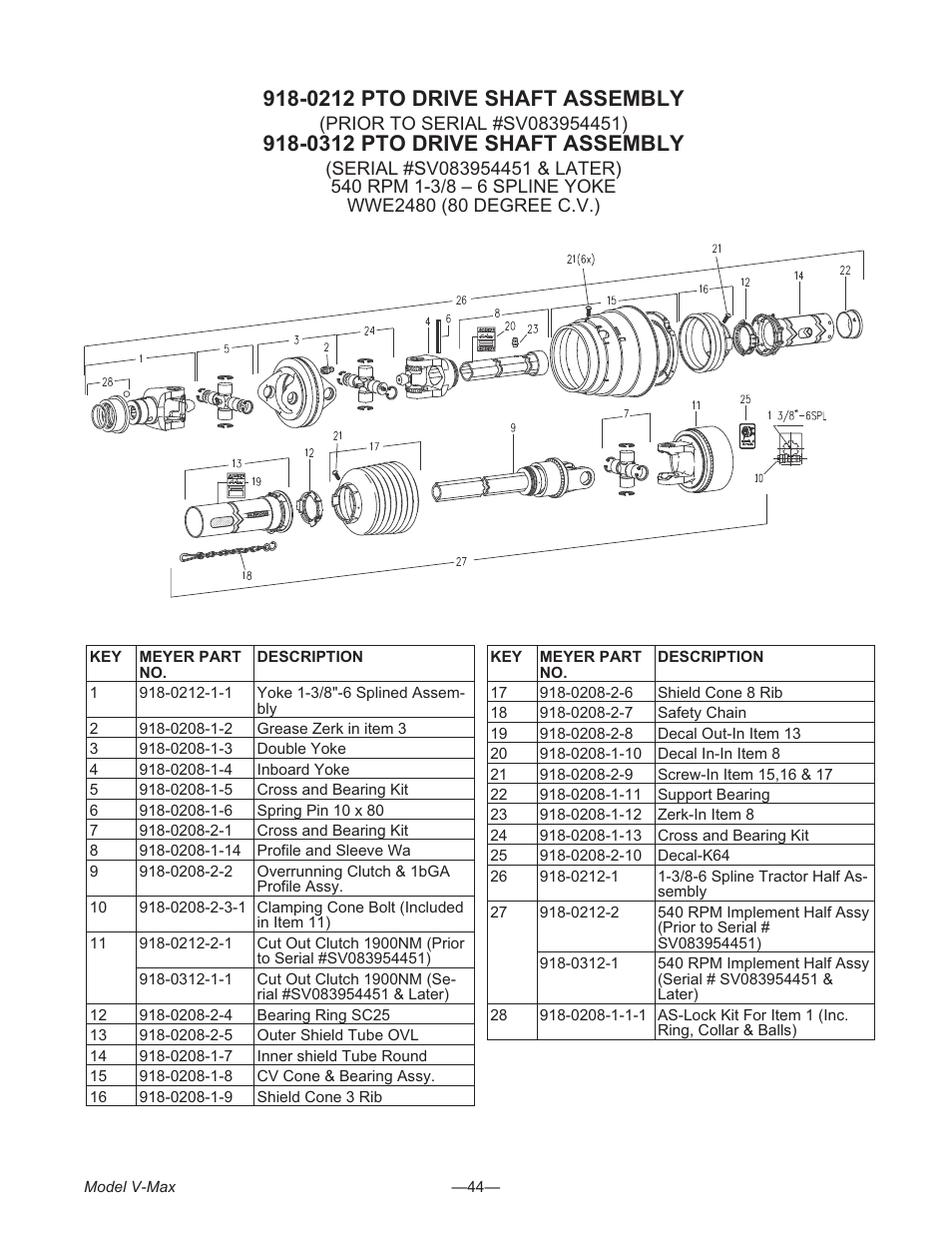 0212 pto drive shaft as sem bly 44, 0312 pto drive shaft as sem bly 44, 0212 pto drive shaft assembly | 0312 pto drive shaft assembly | Meyer V- MAX 3954 User Manual | Page 44 / 60
