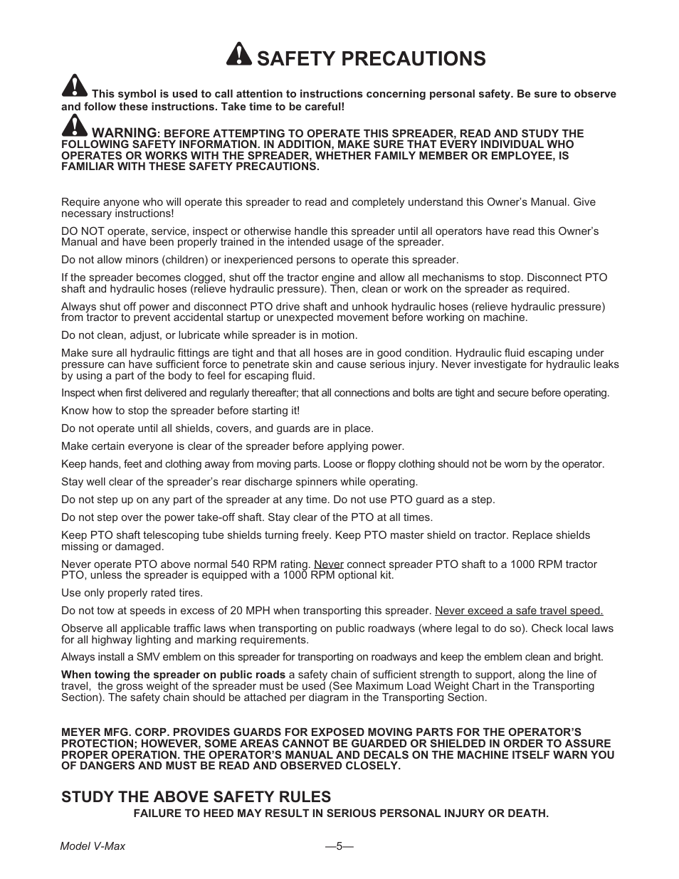 Safety precautions 5, Study the above safety rules 5, Safety precautions | Study the above safety rules | Meyer V- MAX 3954 User Manual | Page 5 / 60