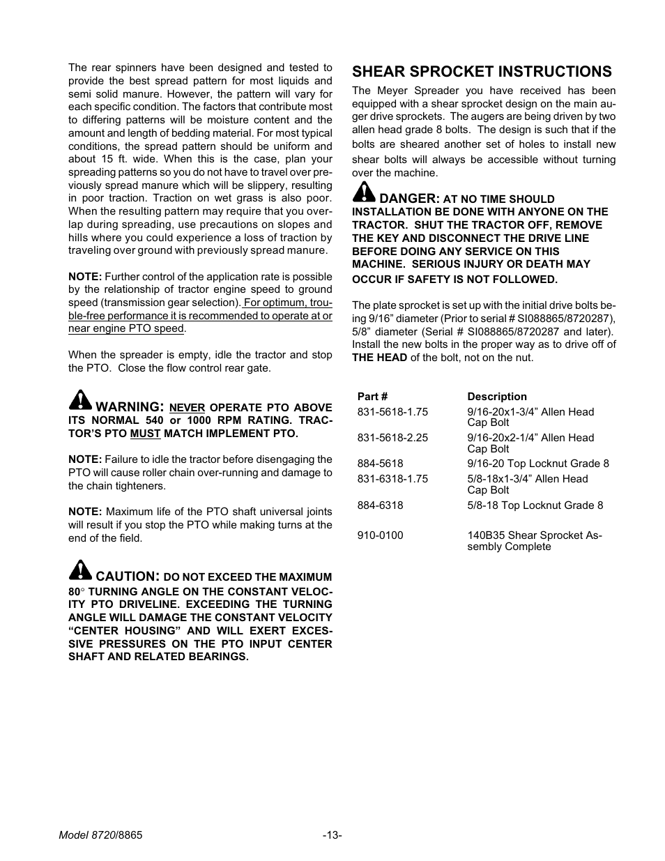 Shear sprocket in struc tions 13, Shear sprocket instructions | Meyer 8720 User Manual | Page 13 / 64