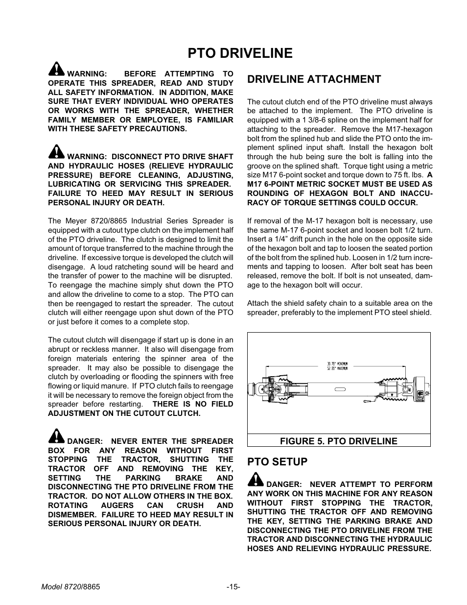 Pto driveline 15, Driveline at tach ment 15, Pto setup 15 | Pto driveline, Driveline attachment, Pto setup | Meyer 8720 User Manual | Page 15 / 64