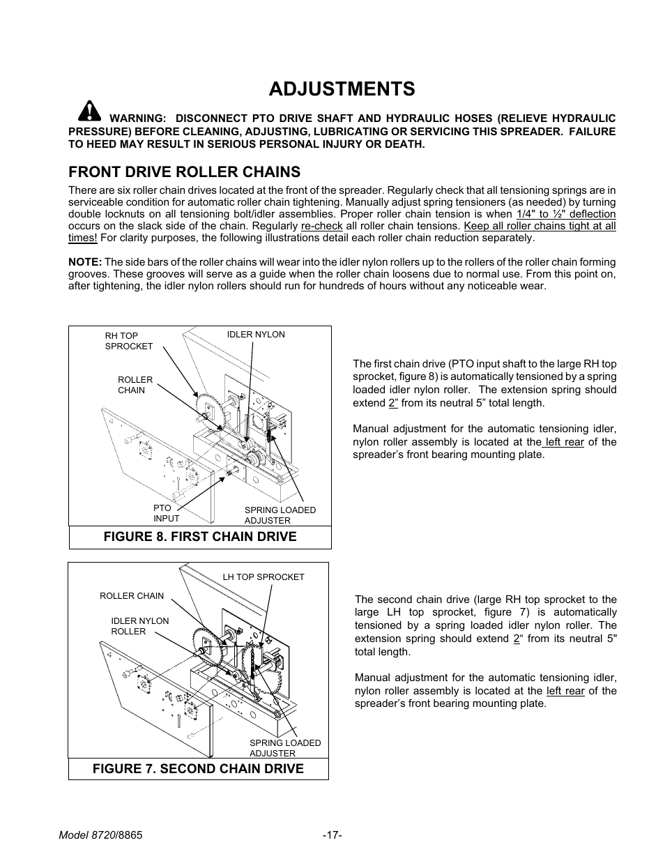 Ad just ments 17, Front drive roller chains 17, Adjustments | Front drive roller chains | Meyer 8720 User Manual | Page 17 / 64