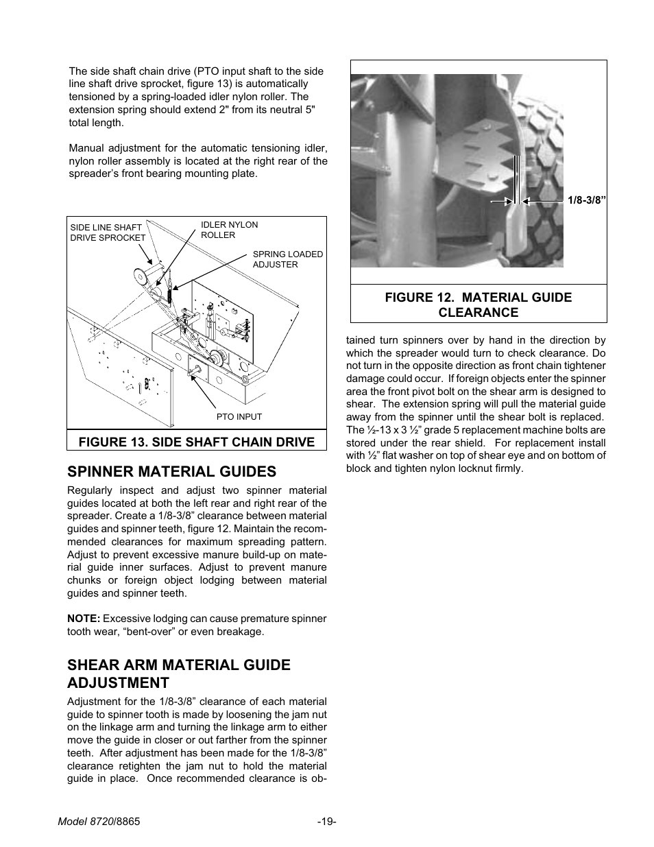 Spin ner ma te rial guides 19, Shear arm ma te rial guide ad just ment 19, Spinner material guides | Shear arm material guide adjustment | Meyer 8720 User Manual | Page 19 / 64