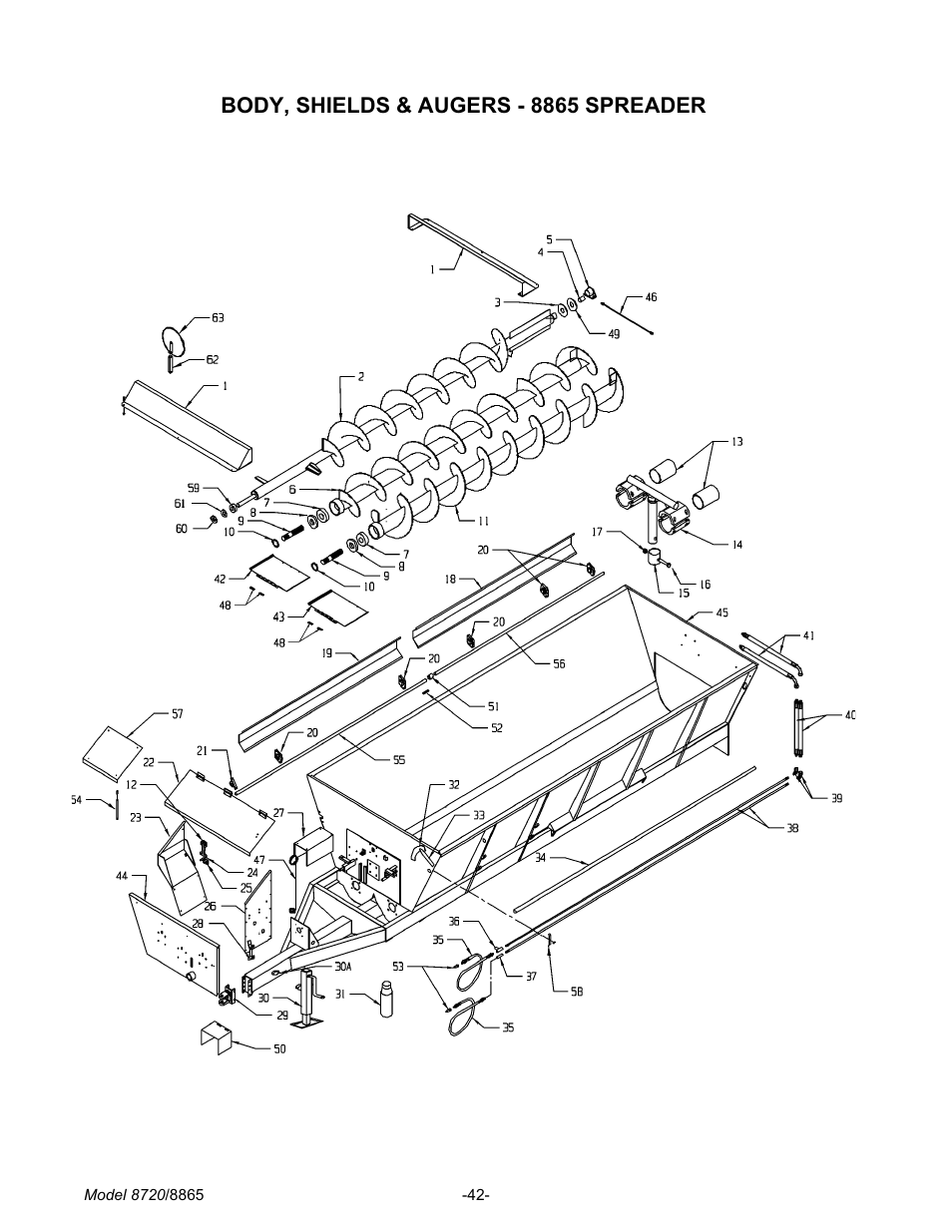 Body, shields & au gers - 8865 spreader 42, Body, shields & augers - 8865 spreader | Meyer 8720 User Manual | Page 42 / 64