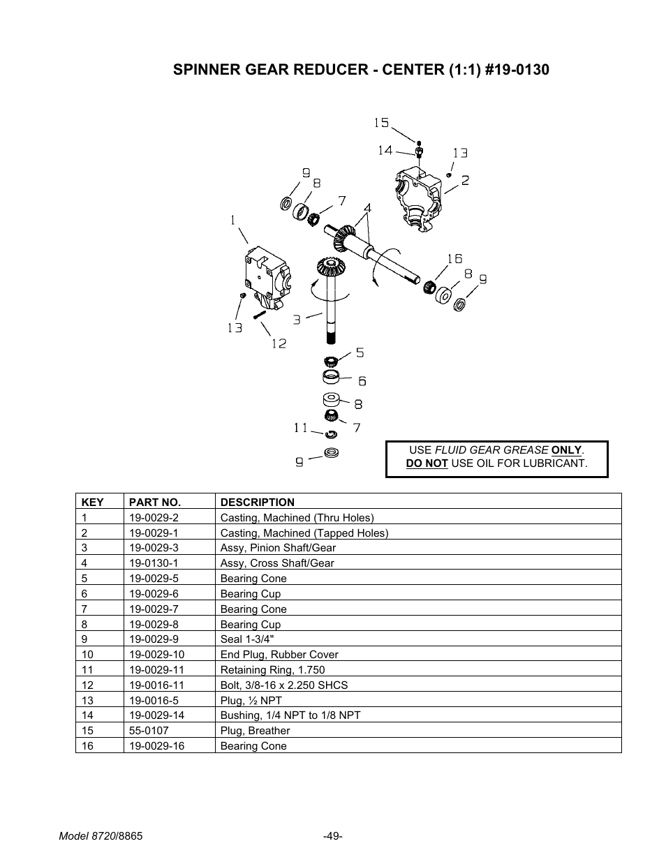Spin ner gear re ducer - cen ter (1:1) #19-0130 49, Spinner gear reducer - center (1:1) #19-0130 | Meyer 8720 User Manual | Page 49 / 64