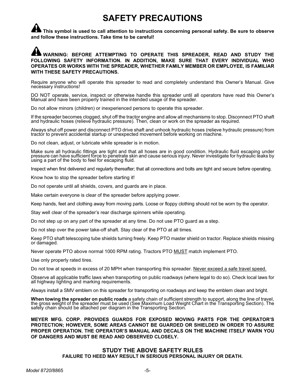 Safety pre cau tions 5, Safety precautions | Meyer 8720 User Manual | Page 5 / 64