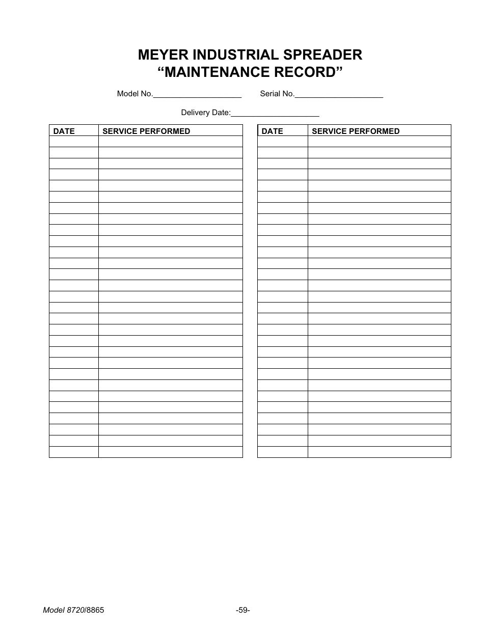 FImain te nance re cordﬂ 59, Maintenance record, Meyer industrial spreader “maintenance record | Meyer 8720 User Manual | Page 59 / 64