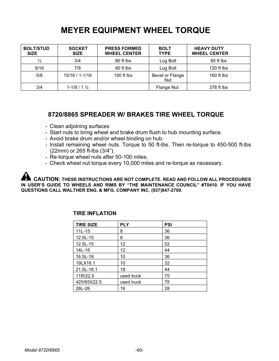 Meyer equip ment wheel torque 60, Tire in fla tion 60, 8720/8865 spreader w/ brakes tire wheel torque 60 | Meyer equipment wheel torque, Tire inflation, 8720/8865 spreader w/ brakes tire wheel torque | Meyer 8720 User Manual | Page 60 / 64