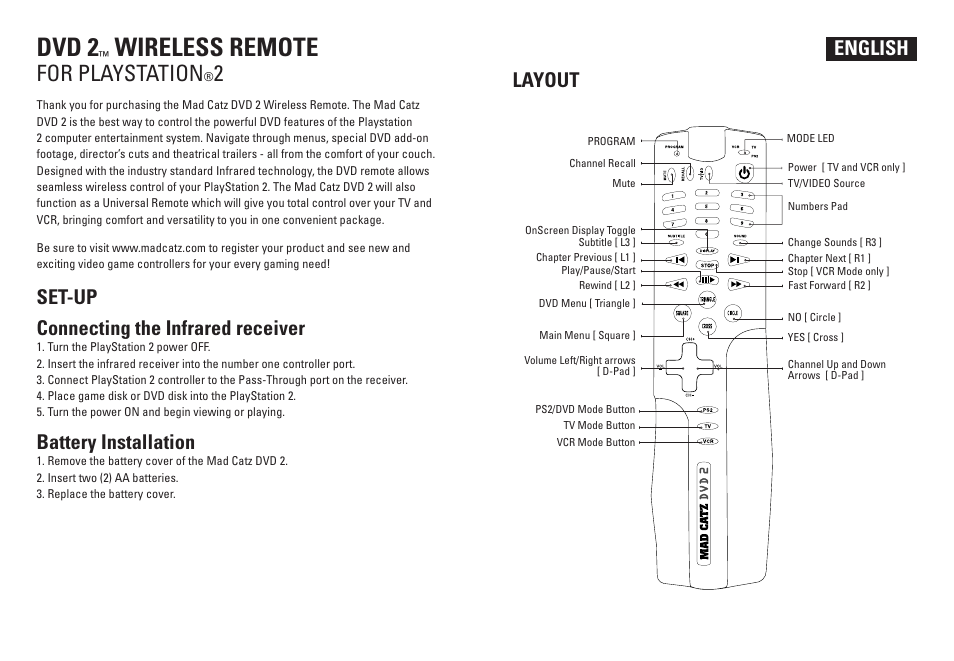 Mad Catz DVD 2 Wireless Remote for Playstation 2 User Manual | 4 pages