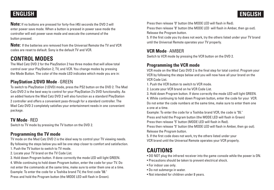 Control modes, Cautions, English | Mad Catz DVD 2 Wireless Remote for Playstation 2 User Manual | Page 2 / 4