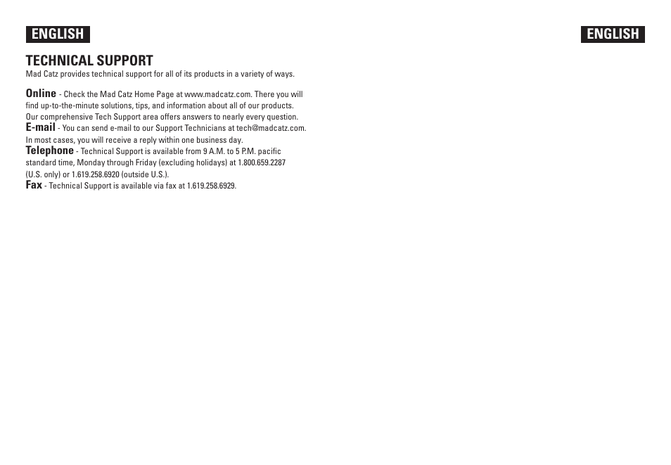 Technical support, English | Mad Catz DVD 2 Wireless Remote for Playstation 2 User Manual | Page 4 / 4