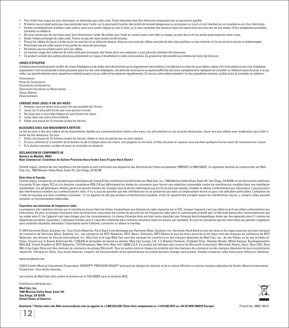 Rock Band Rock Band 3 Wireless Fender Precision Bass Controller User Manual | Page 12 / 32