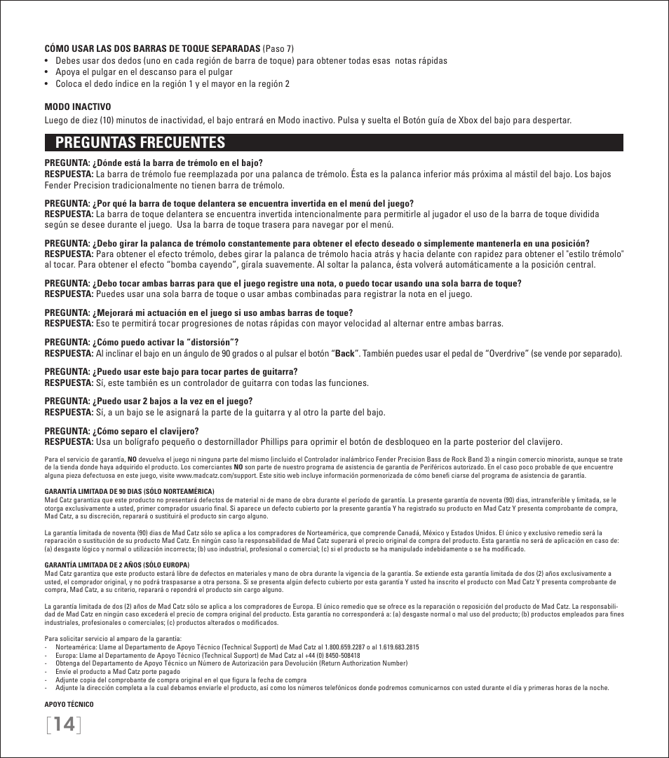 Preguntas frecuentes | Rock Band Rock Band 3 Wireless Fender Precision Bass Controller User Manual | Page 14 / 32