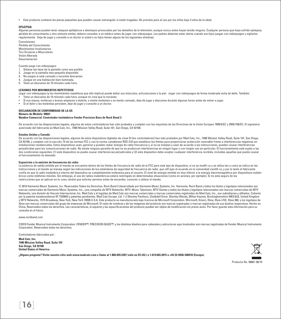 Rock Band Rock Band 3 Wireless Fender Precision Bass Controller User Manual | Page 16 / 32