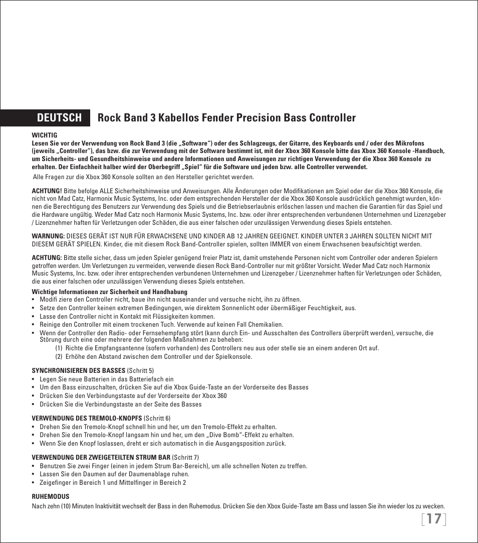 Rock Band Rock Band 3 Wireless Fender Precision Bass Controller User Manual | Page 17 / 32