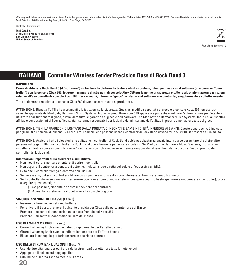 Rock Band Rock Band 3 Wireless Fender Precision Bass Controller User Manual | Page 20 / 32