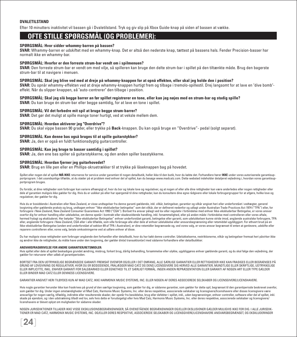 Ofte stille spørgsmål (og problemer) | Rock Band Rock Band 3 Wireless Fender Precision Bass Controller User Manual | Page 24 / 32