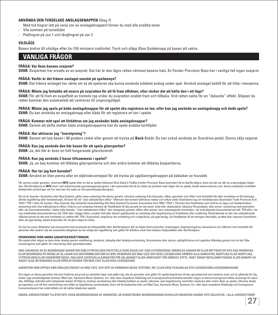 Vanliga frågor | Rock Band Rock Band 3 Wireless Fender Precision Bass Controller User Manual | Page 27 / 32