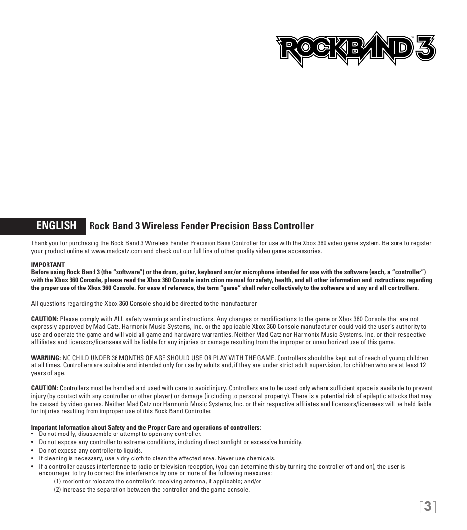 English, Rock band 3 wireless fender precision bass, Controller | Rock Band Rock Band 3 Wireless Fender Precision Bass Controller User Manual | Page 3 / 32