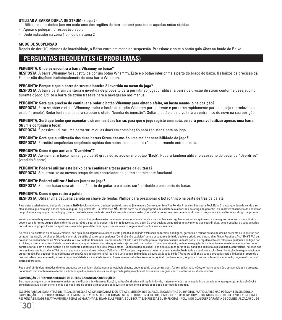 Perguntas frequentes (e problemas) | Rock Band Rock Band 3 Wireless Fender Precision Bass Controller User Manual | Page 30 / 32