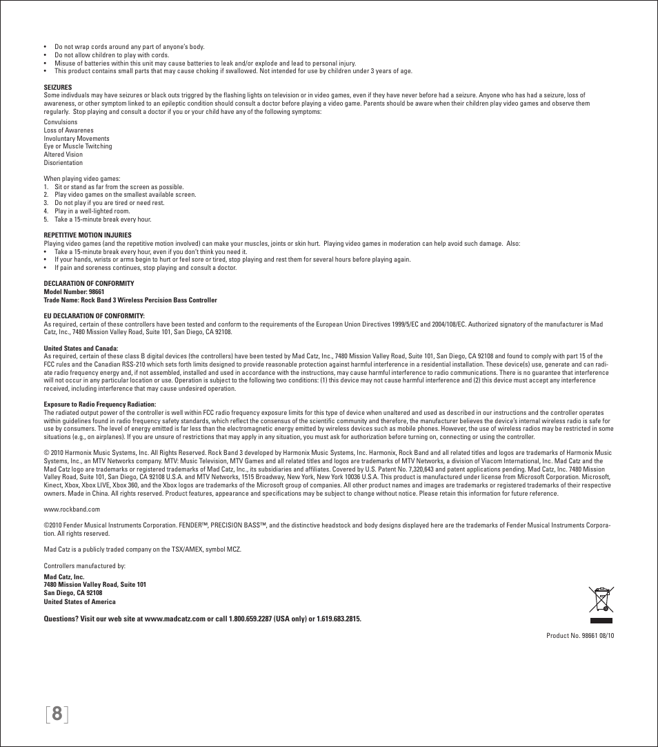 Rock Band Rock Band 3 Wireless Fender Precision Bass Controller User Manual | Page 8 / 32