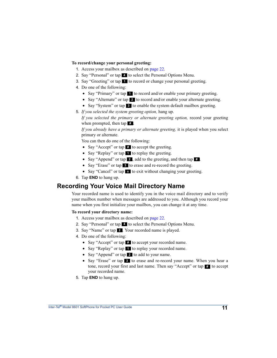 Recording your voice mail directory name | Inter-Tel SoftPhone 8601 User Manual | Page 17 / 66