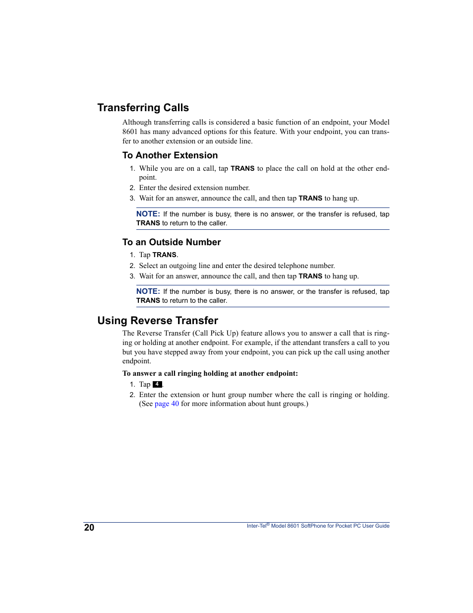 Transferring calls, Using reverse transfer, Transferring calls using reverse transfer | Inter-Tel SoftPhone 8601 User Manual | Page 26 / 66