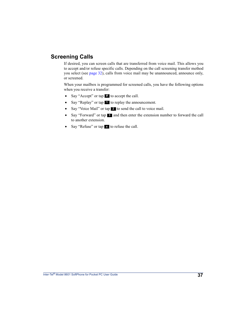 Screening calls | Inter-Tel SoftPhone 8601 User Manual | Page 43 / 66