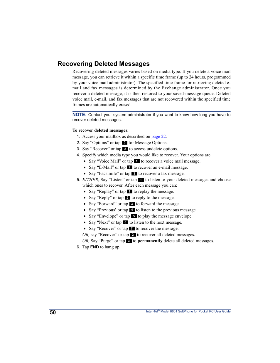 Recovering deleted messages | Inter-Tel SoftPhone 8601 User Manual | Page 56 / 66