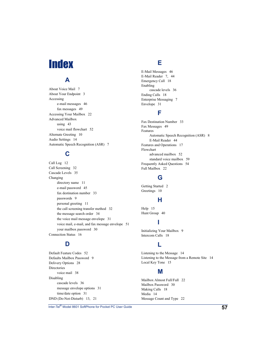 Index | Inter-Tel SoftPhone 8601 User Manual | Page 63 / 66