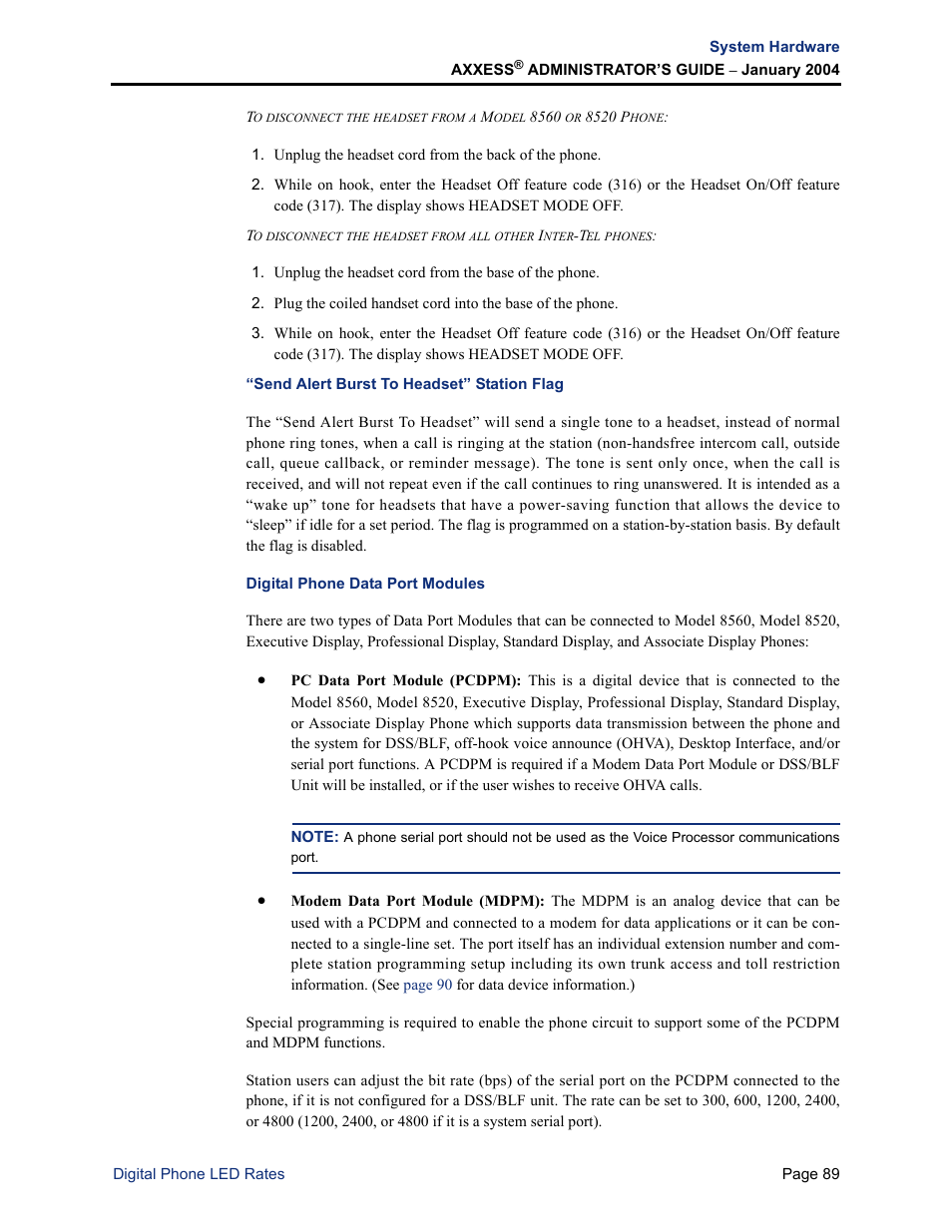 Send alert burst to headset” station flag, Digital phone data port modules | Inter-Tel Axxess User Manual | Page 105 / 342