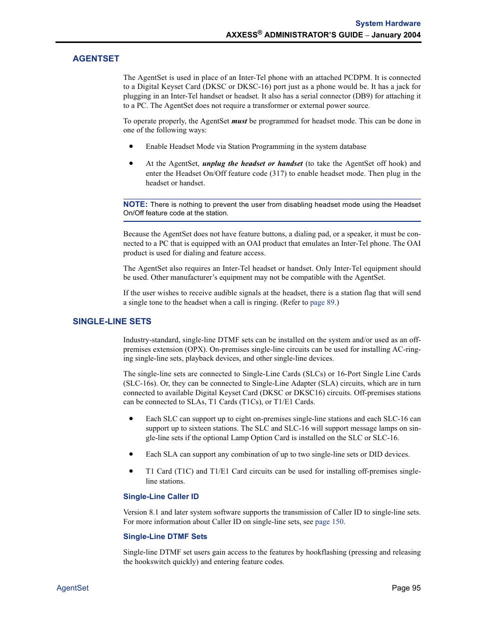 Agentset, Single-line sets, Single-line caller id | Single-line dtmf sets, Agentset single-line sets, Single-line caller id single-line dtmf sets | Inter-Tel Axxess User Manual | Page 111 / 342