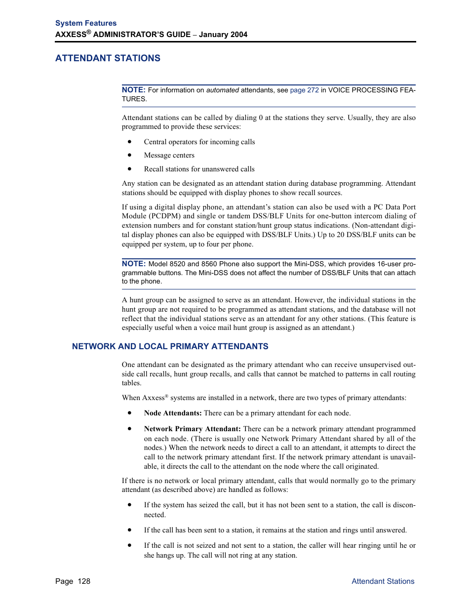 Attendant stations, Network and local primary attendants | Inter-Tel Axxess User Manual | Page 144 / 342