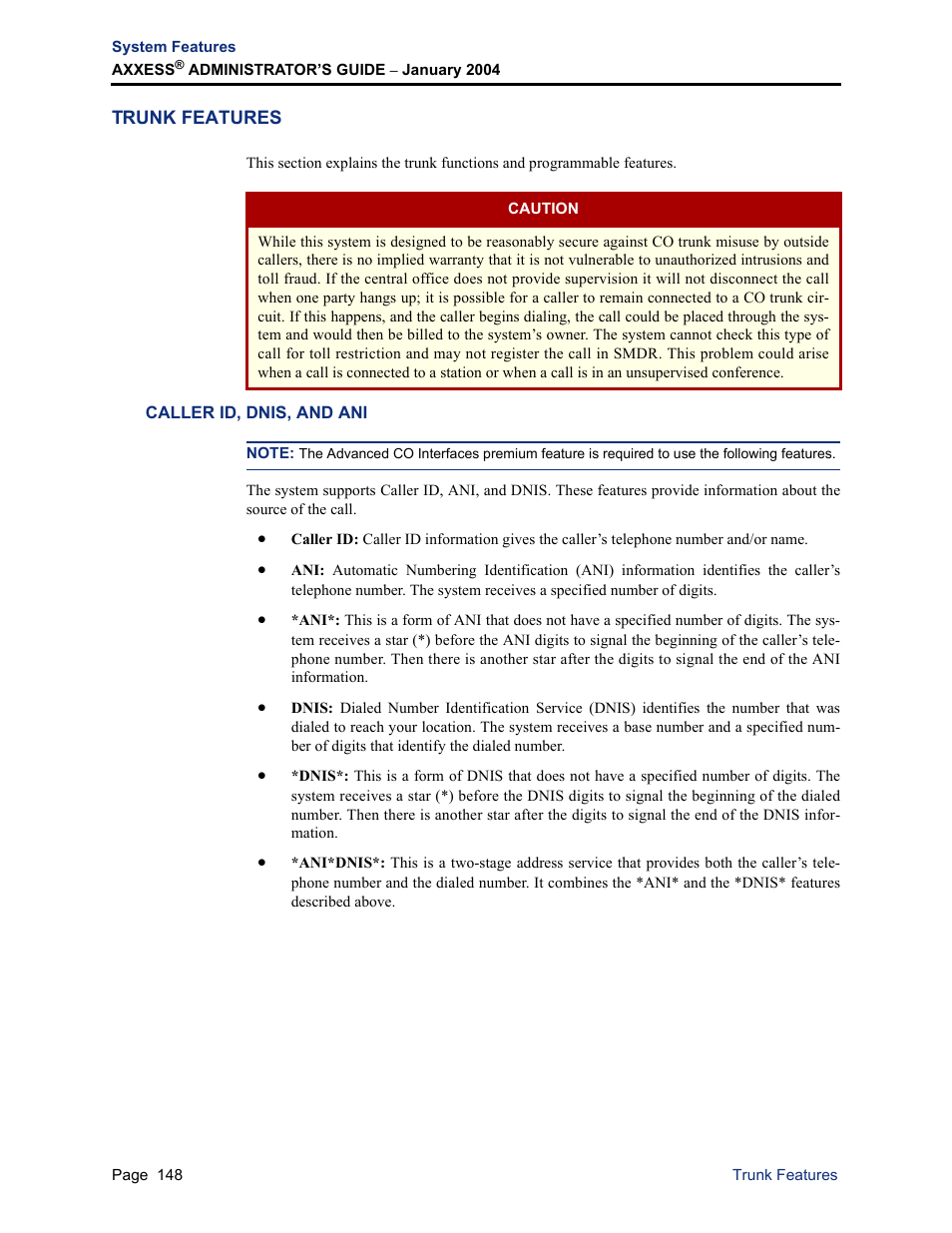 Trunk features, Caller id, dnis, and ani | Inter-Tel Axxess User Manual | Page 164 / 342