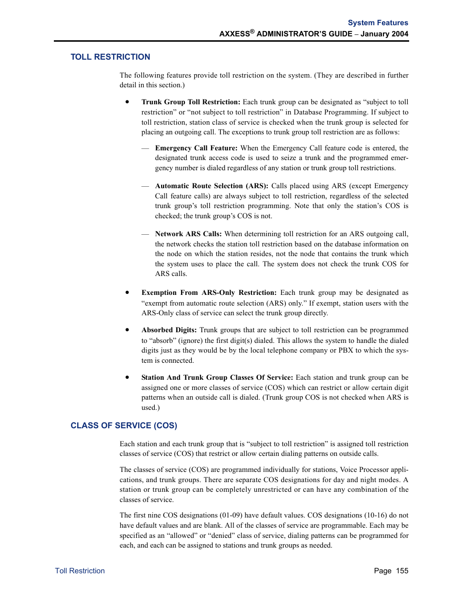 Toll restriction, Class of service (cos) | Inter-Tel Axxess User Manual | Page 171 / 342
