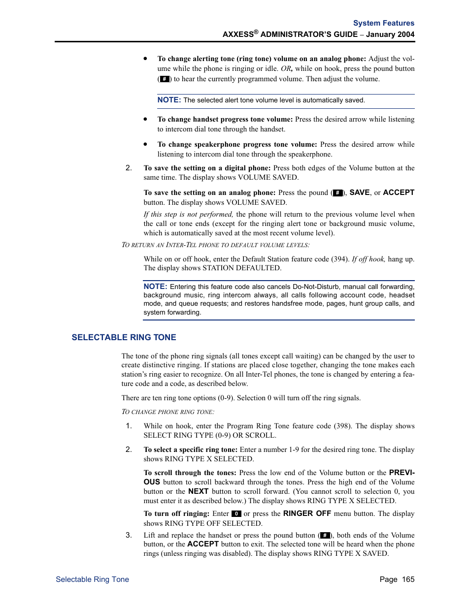 Selectable ring tone | Inter-Tel Axxess User Manual | Page 181 / 342
