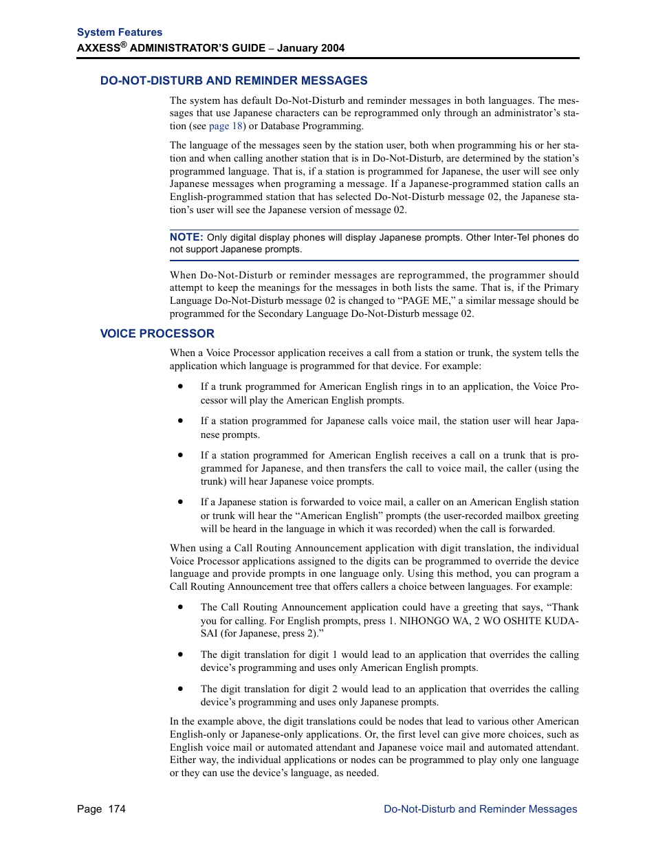 Do-not-disturb and reminder messages, Voice processor | Inter-Tel Axxess User Manual | Page 190 / 342