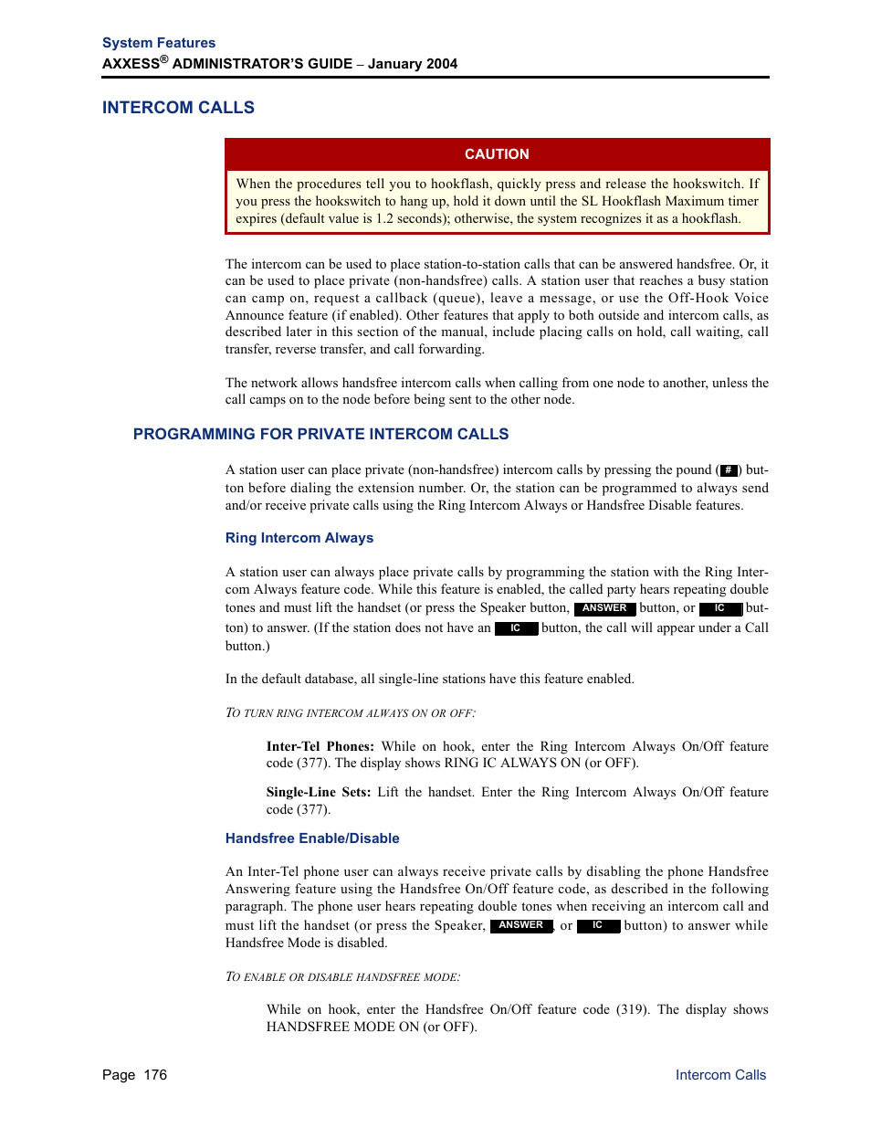 Intercom calls, Programming for private intercom calls, Ring intercom always | Handsfree enable/disable, Ring intercom always handsfree enable/disable | Inter-Tel Axxess User Manual | Page 192 / 342