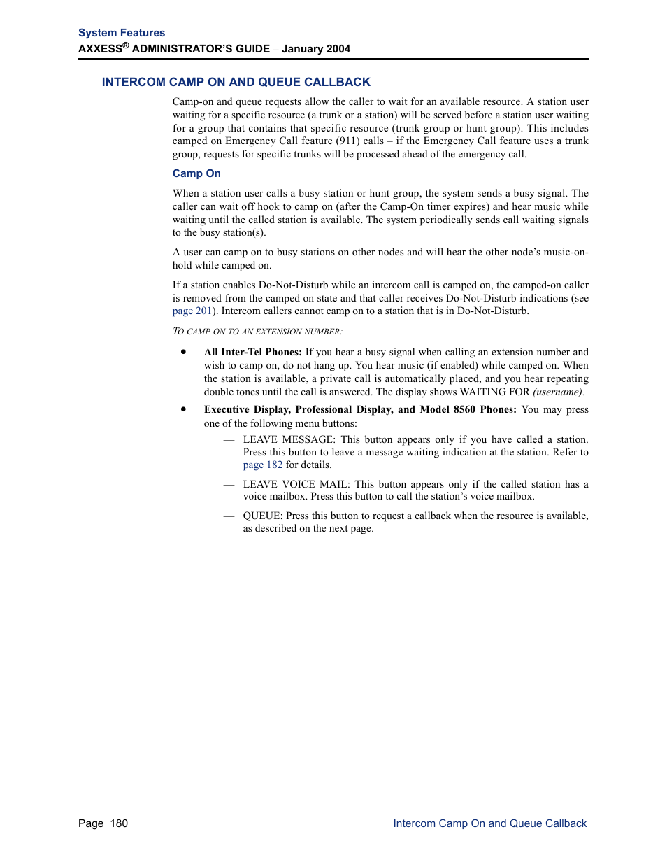 Intercom camp on and queue callback, Camp on | Inter-Tel Axxess User Manual | Page 196 / 342