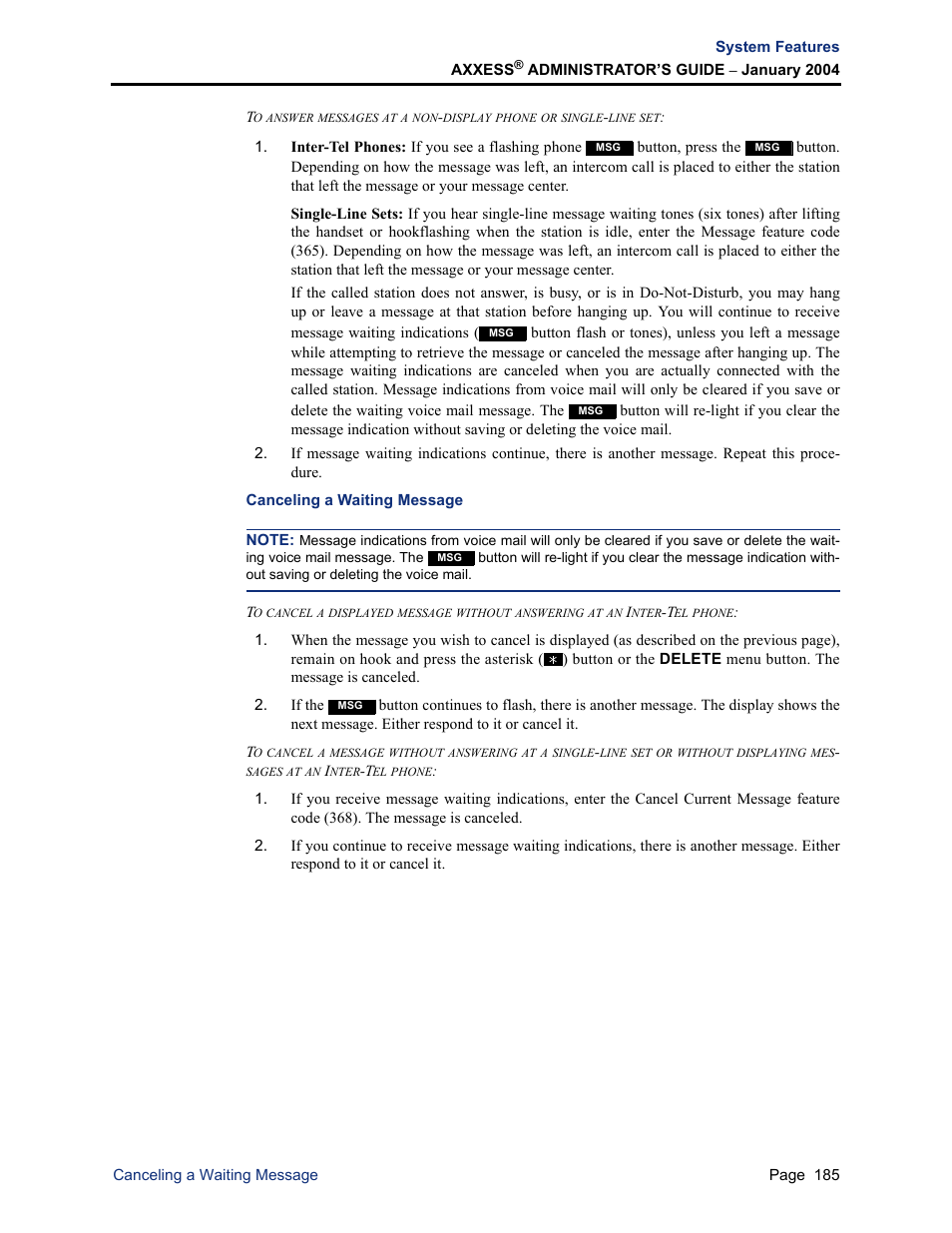 Canceling a waiting message | Inter-Tel Axxess User Manual | Page 201 / 342