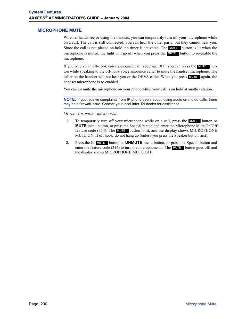 Microphone mute | Inter-Tel Axxess User Manual | Page 216 / 342