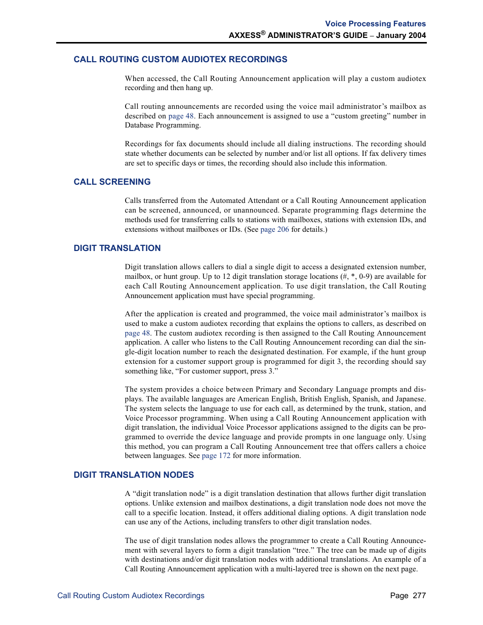 Call routing custom audiotex recordings, Call screening, Digit translation | Digit translation nodes | Inter-Tel Axxess User Manual | Page 293 / 342