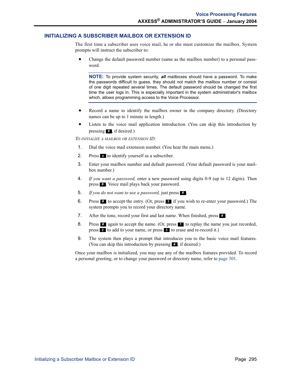 Initializing a subscriber mailbox or extension id, N id. see | Inter-Tel Axxess User Manual | Page 311 / 342