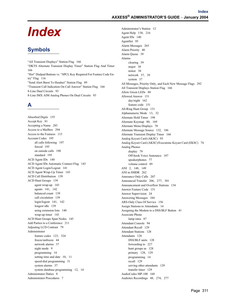 Index, Symbols | Inter-Tel Axxess User Manual | Page 327 / 342