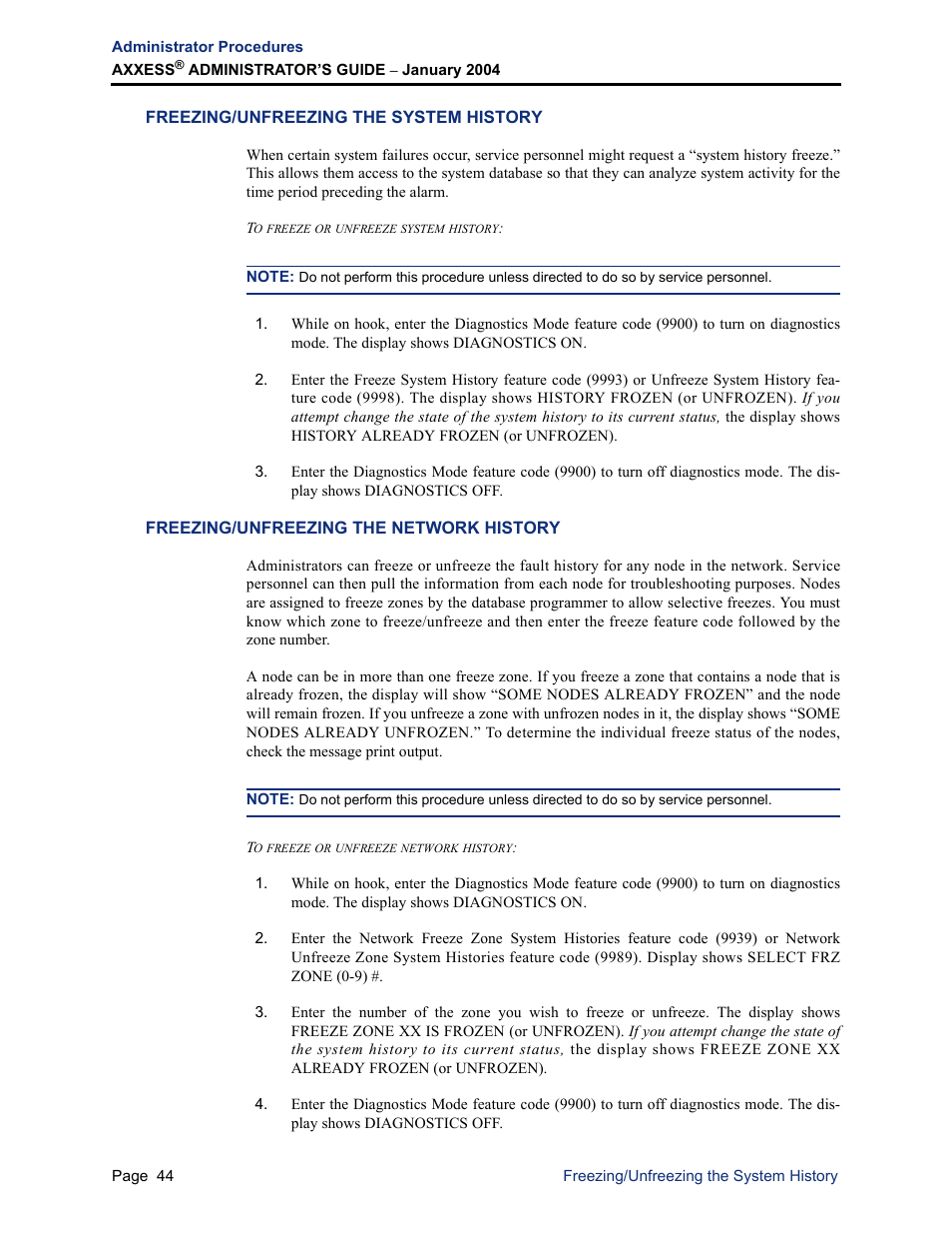 Freezing/unfreezing the system history, Freezing/unfreezing the network history | Inter-Tel Axxess User Manual | Page 60 / 342