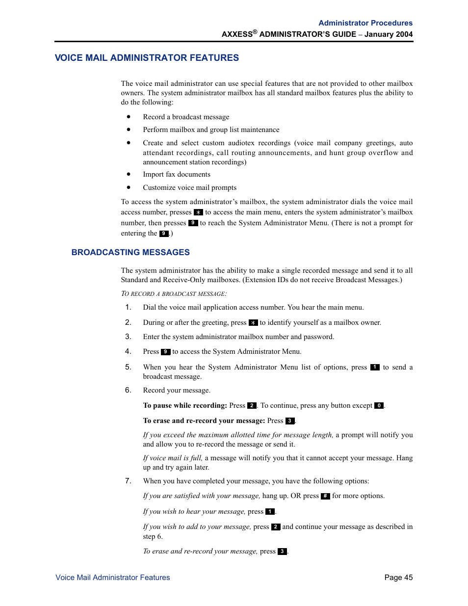 Voice mail administrator features, Broadcasting messages, N on | Inter-Tel Axxess User Manual | Page 61 / 342