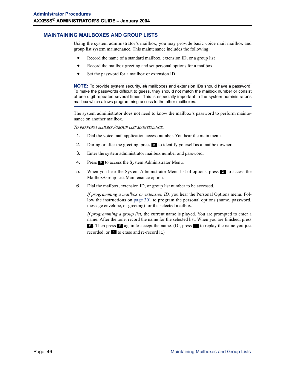 Maintaining mailboxes and group lists | Inter-Tel Axxess User Manual | Page 62 / 342