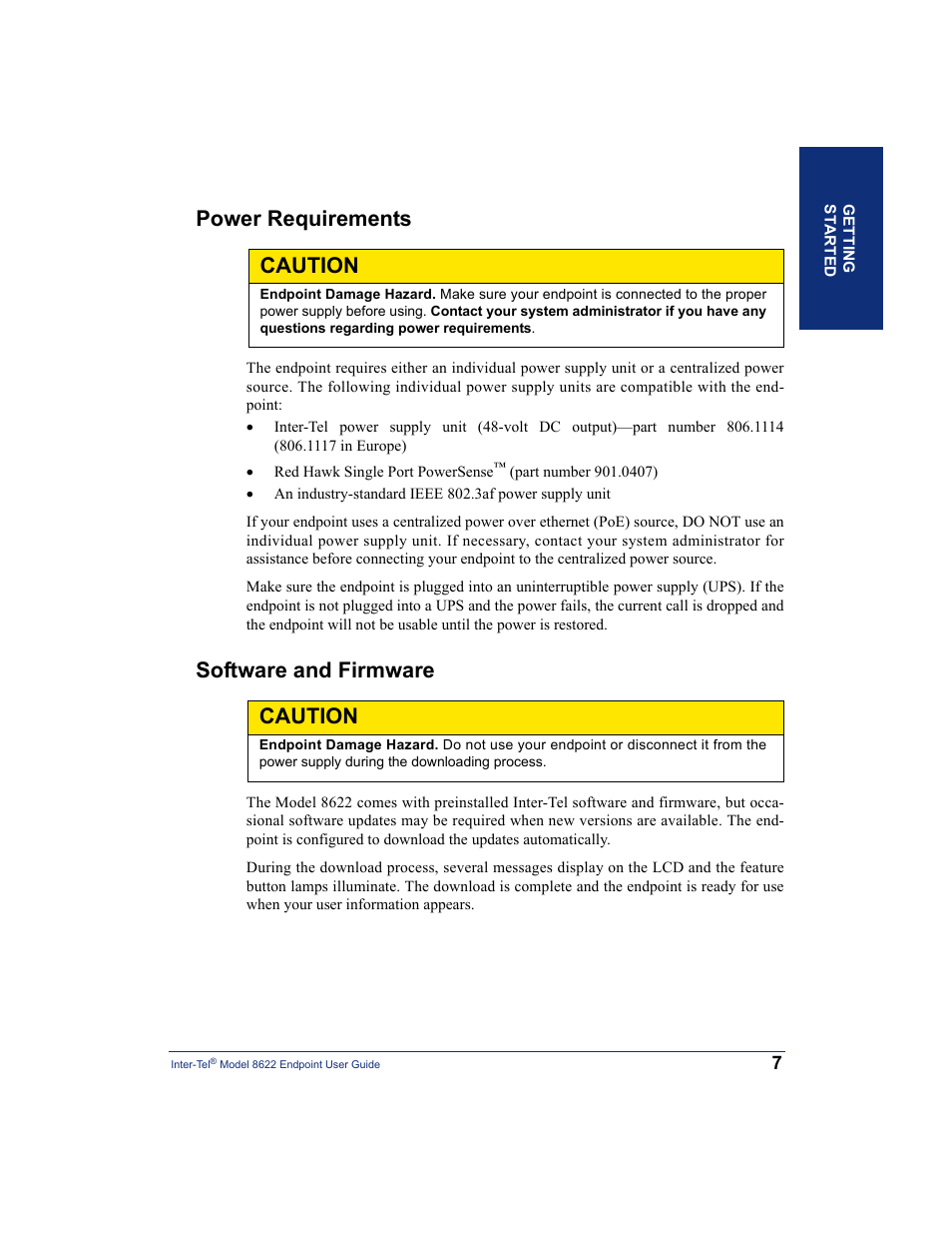 Power requirements, Software and firmware, Power requirements software and firmware | Caution | Inter-Tel 8622 User Manual | Page 21 / 90