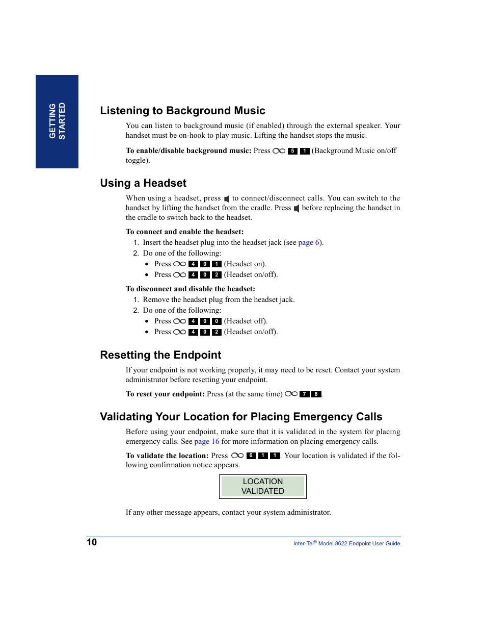 Listening to background music, Using a headset, Resetting the endpoint | Inter-Tel 8622 User Manual | Page 24 / 90