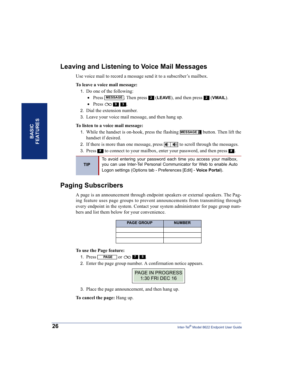Leaving and listening to voice mail messages, Paging subscribers | Inter-Tel 8622 User Manual | Page 40 / 90