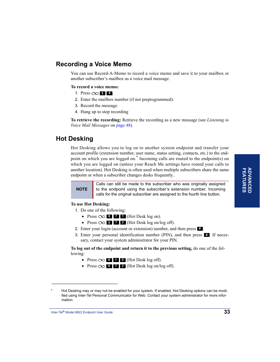 Recording a voice memo, Hot desking, Recording a voice memo hot desking | Inter-Tel 8622 User Manual | Page 47 / 90